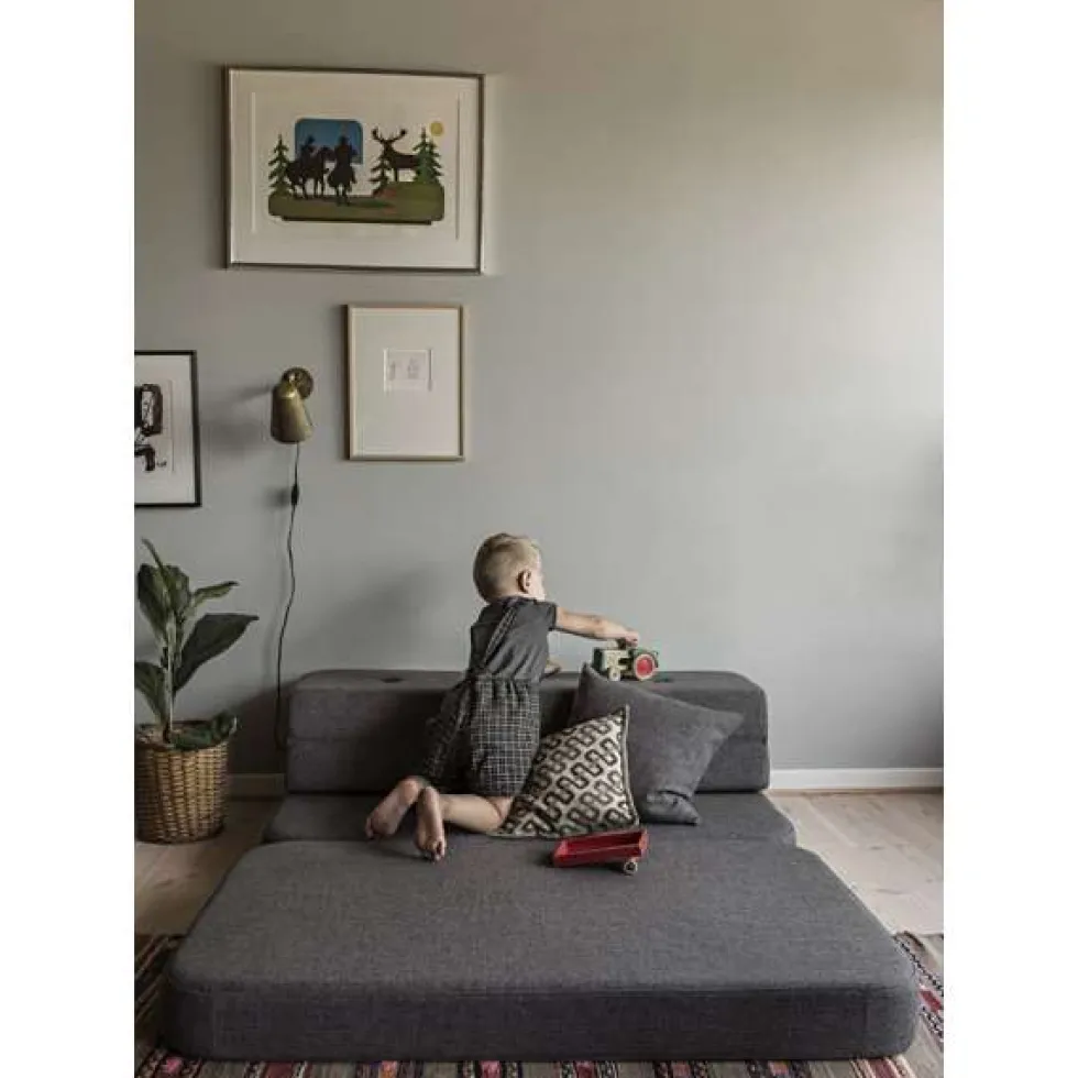 byKlipKlap 3-fold sofa, 140 cm blågrå m grå knap