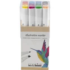 Illustration Marker, 12 stk Standardfarver, Streg 1+8 mm