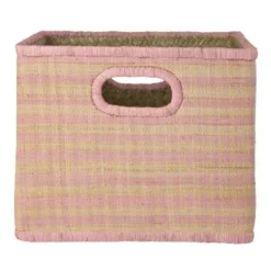 Stor Firkantet Raffia Opbevaringskurv i Pink Tern
