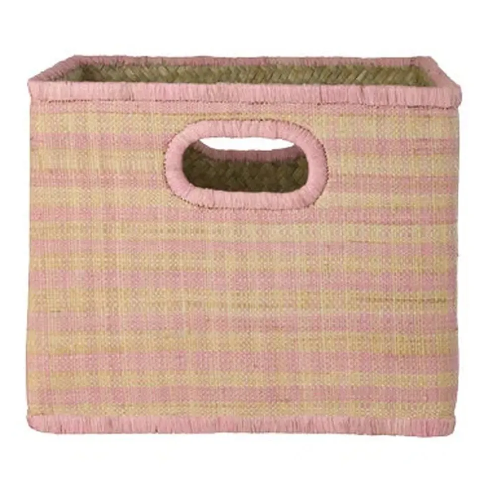 Stor Firkantet Raffia Opbevaringskurv i Pink Tern