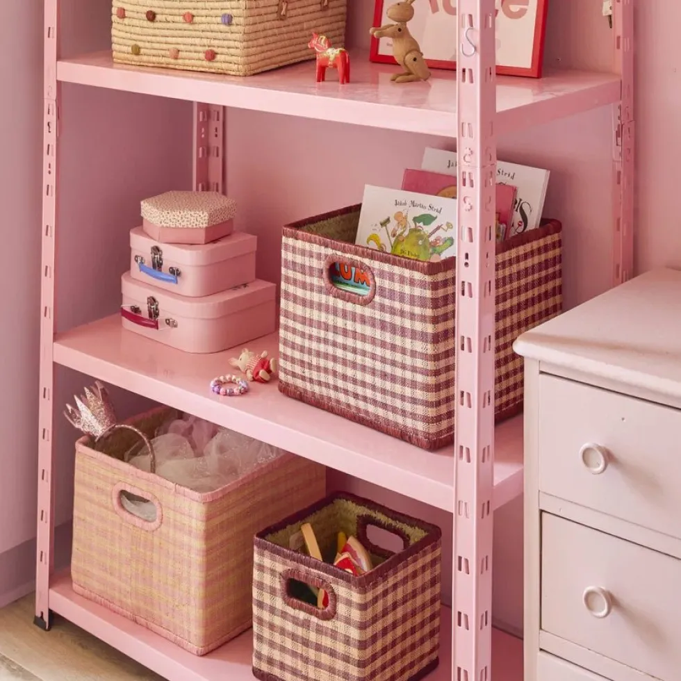 Stor Firkantet Raffia Opbevaringskurv i Pink Tern